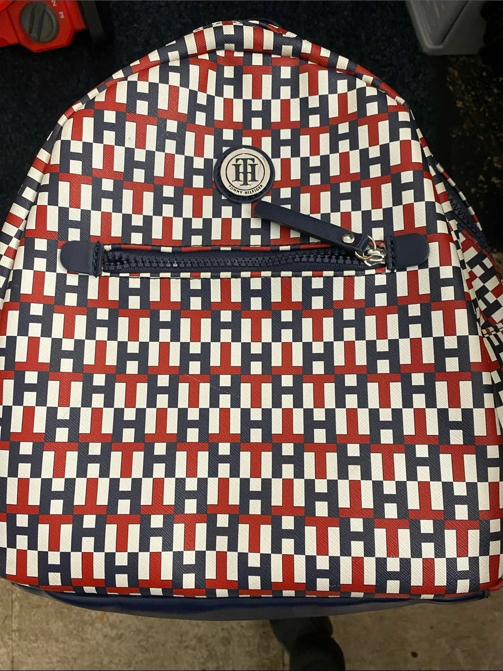 Tommy Hilfiger Red, Navy & White Monogram Pattern Backpack Unisex)